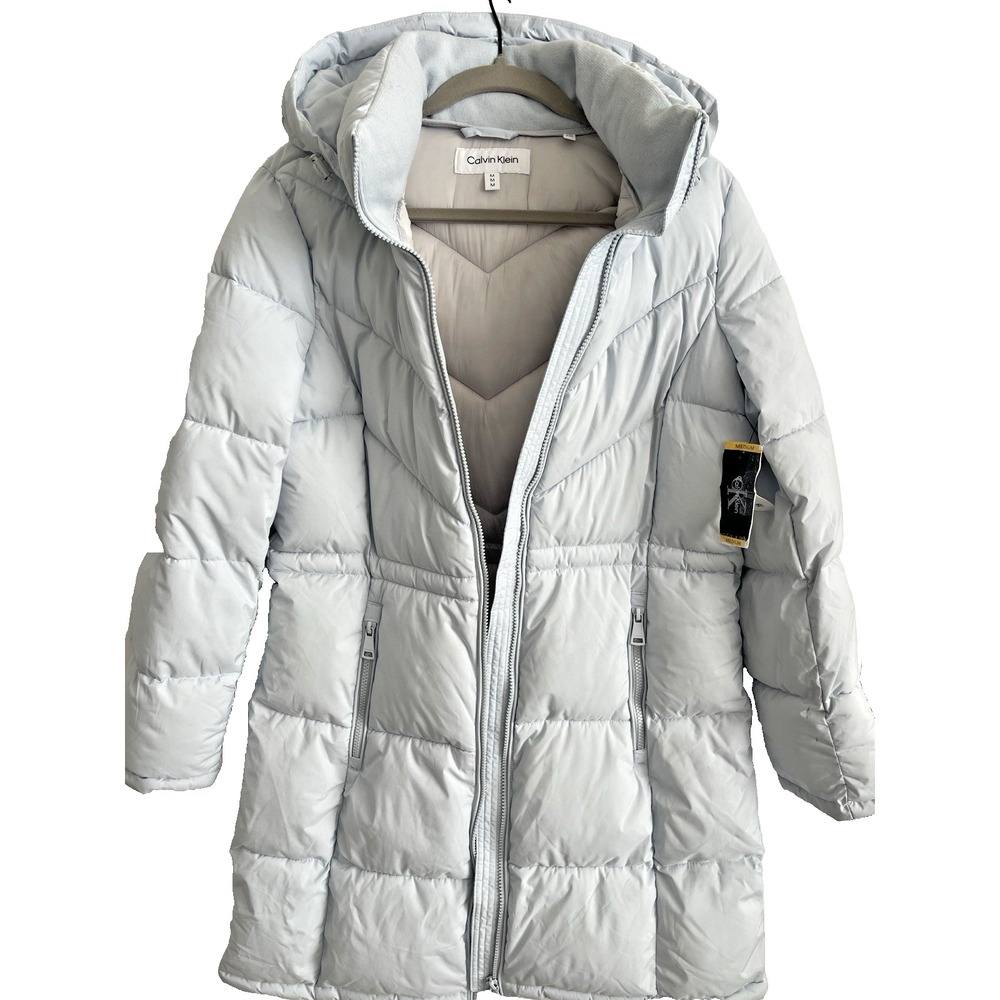 Calvin Klein Womens Long Puffer Coat Baby Blue NWT MSRP$300 Modern Urban Classic
